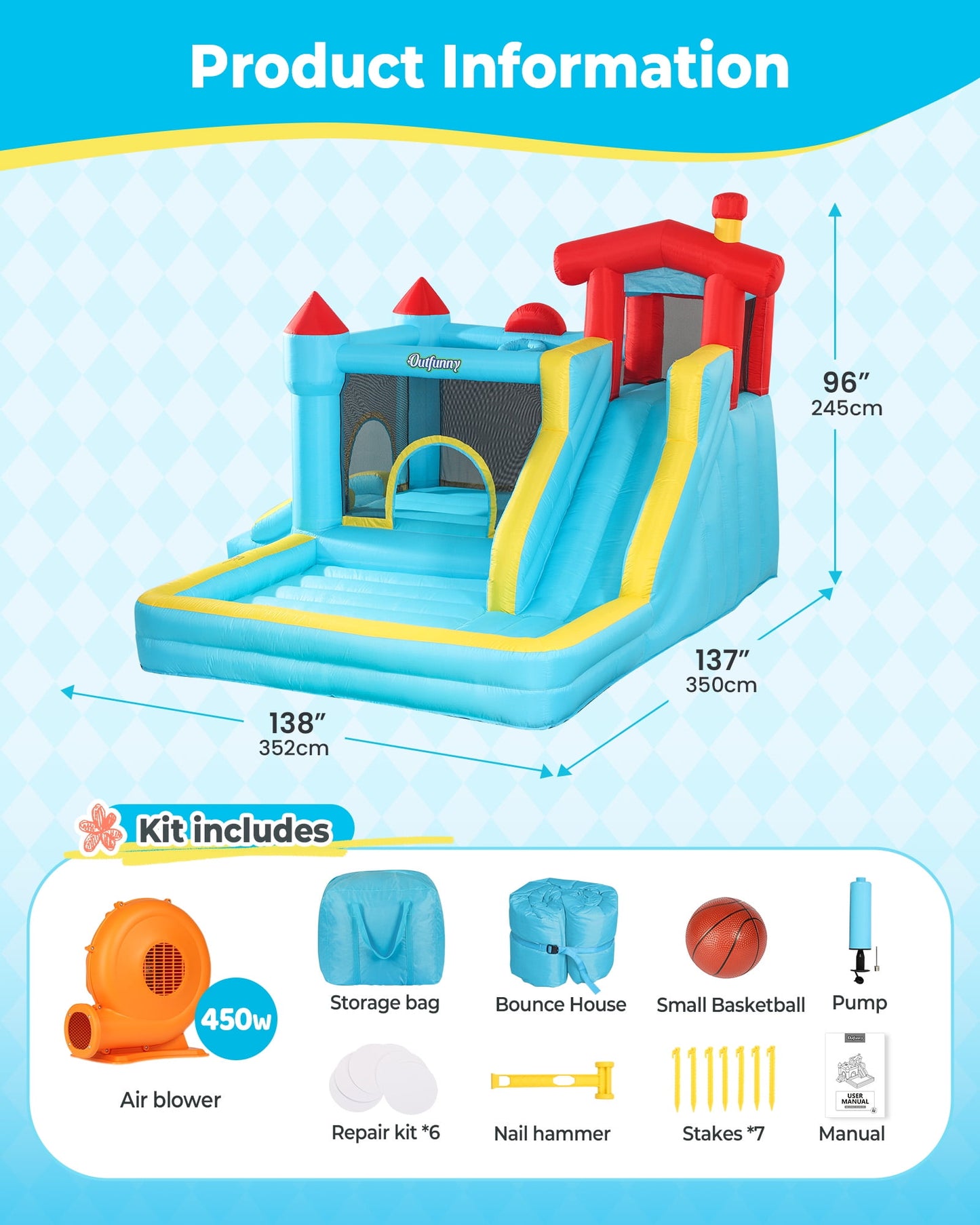 Outfunny Inflatable Bounce House, Indoor & Outdoor Bounce House for Big Kids with 450W Blower, Slide - Blue