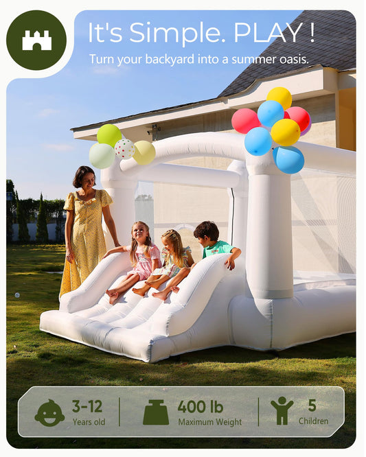 Outfunny White Bounce House with Slide, Inflatable Bouncy House for Kids 3-12 w/Ball Pit, Outdoor & Indoor, Bounce Area 8'x8', Capacity 400 lb