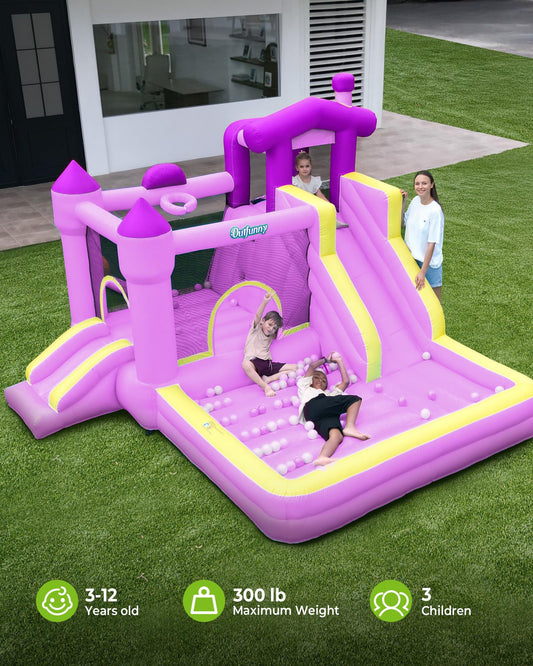 Outfunny Inflatable Bounce House, Kids Bouncy House for Girls 3-12 with Slide, Outdoor & Indoor, 450W Blower - Purple