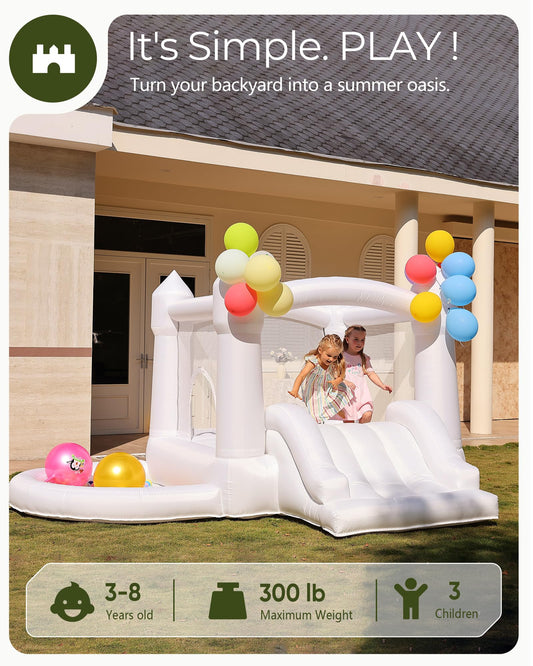 Outfunny White Bounce House with Slide, Indoor Bouncy House for Kids 3-8 w/Ball Pit, Bounce Area 6.5'x6.5', Capacity 300 lb
