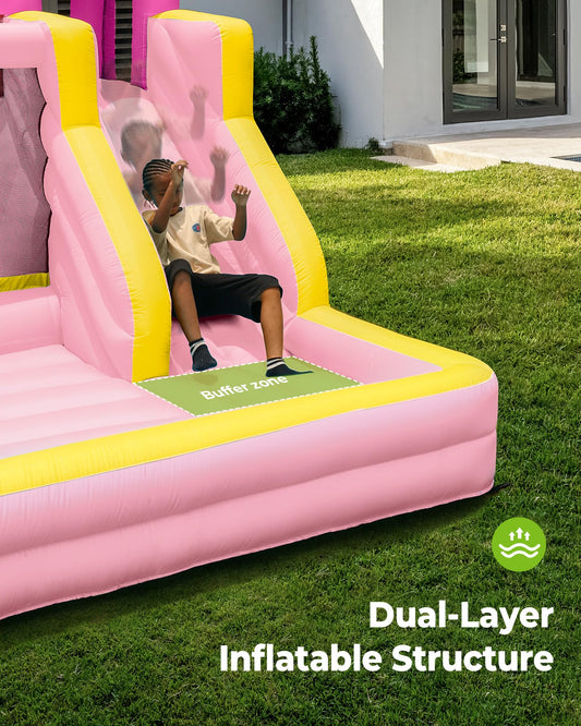Outfunny Inflatable Bounce House, Pink Bouncy House for Kids Girls 3-12 with Slide, Outdoor & Indoor, 450W Blower - Pink