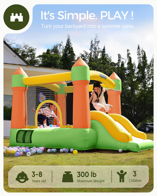 Outfunny Indoor Bounce House with Slide, Inflatable Bouncy House for Kids 3-8, Bounce Area 6'x6', Capacity 300 lb - Green