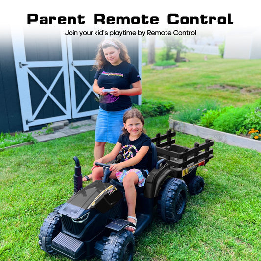Outfunny 24V Ride on Toy for Big Kids, Powered Ride On Tractor with Trailer & Remote - Black