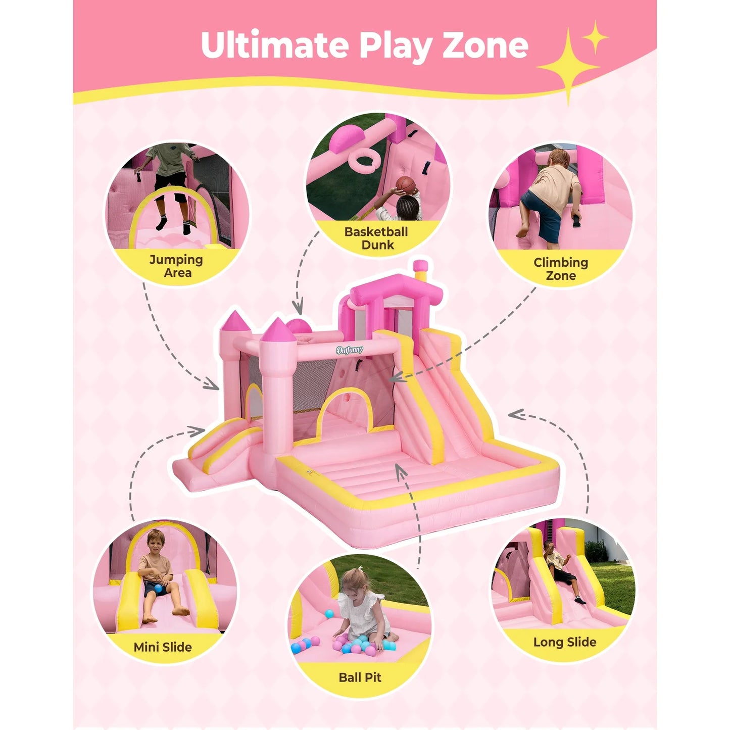 Outfunny Inflatable Bounce House, Indoor & Outdoor Bounce House for Big Kids with 450W Blower, Slide - Pink