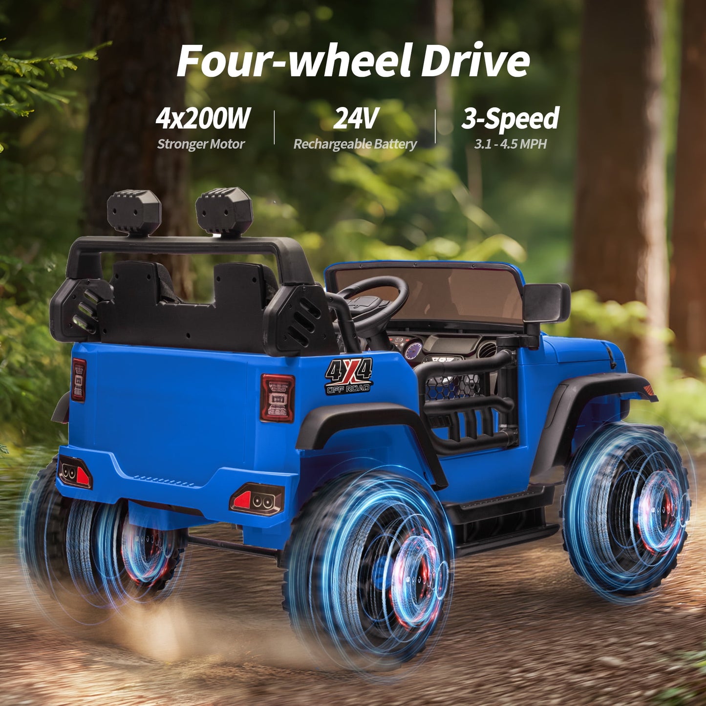 Outfunny 24V Electric Ride on Car for Big Kids, 4WD 2 Seater Ride on Toy Truck w/Remote, Bluetooth, 4x200W Motors - Blue