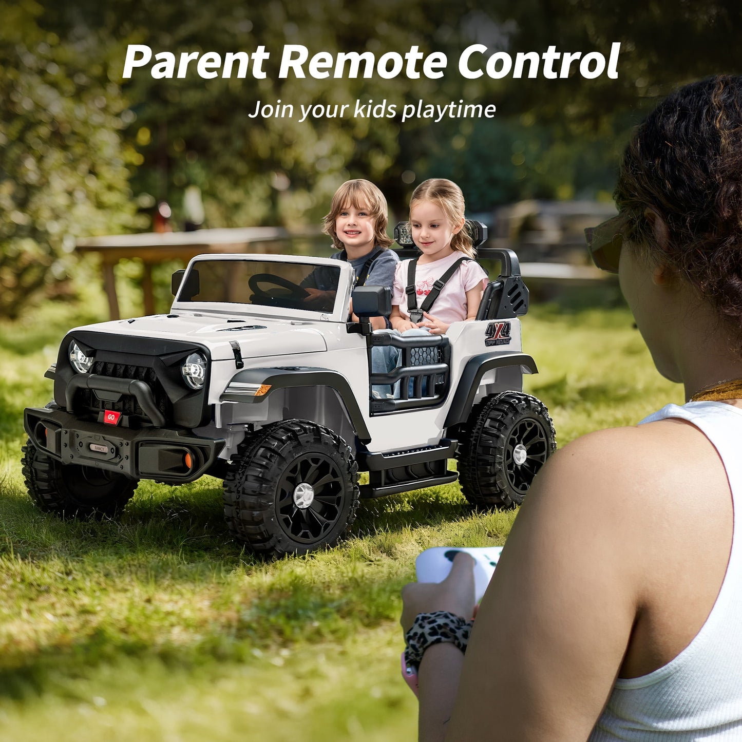 Outfunny 24V Electric Ride on Car for Big Kids, 4WD 2 Seater Ride on Toy Truck w/Remote, Bluetooth, 4x200W Motors - White