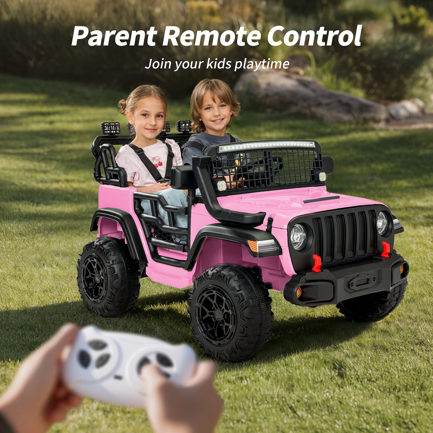 Outfunny 12V 7Ah Kids Ride on Truck, 2 Seater Electric Ride on Toys Car for Big Kids w/ Remote, Bluetooth - Light Pink