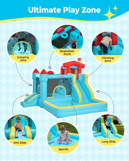 Outfunny Inflatable Bounce House, Indoor & Outdoor Bounce House for Big Kids with 450W Blower, Slide - Blue