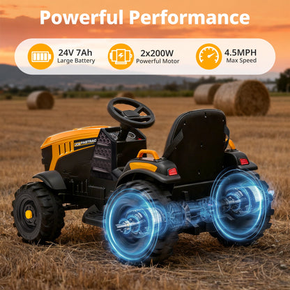 Licensed JCB Kids Ride on Tractor, 24 Volt Electric Ride on Car Toy for Big Kids Boys with Trailer & Remote - Yellow