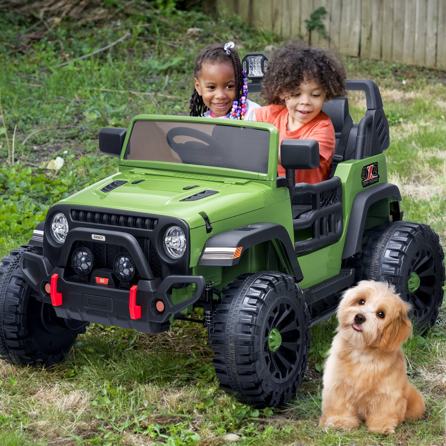 Outfunny 12V Kids Ride on Toys, 2 Seater Electric Ride on Truck Car for Big Kids with Remote, Bluetooth - Army Green