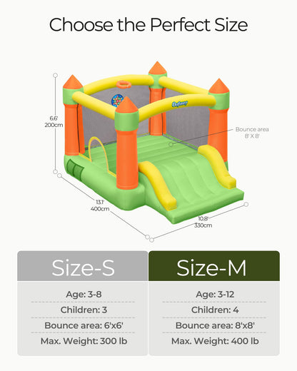 Outfunny Bounce House with Slide, Inflatable Bouncy House for Kids 3-12, Outdoor&Indoor, Bounce Area 8'x8', Capacity 400 lb - Green