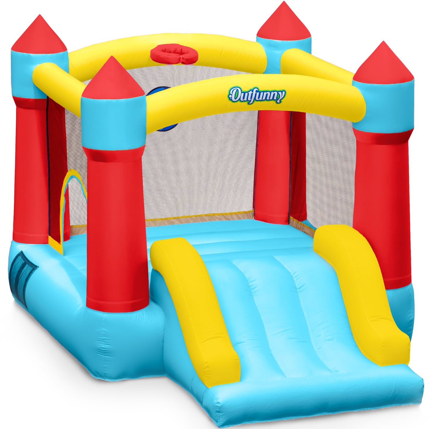 Outfunny Indoor Bounce House with Slide, Inflatable Bouncy House for Kids 3-8, Bounce Area 6'x6', Capacity 300 lb - Blue