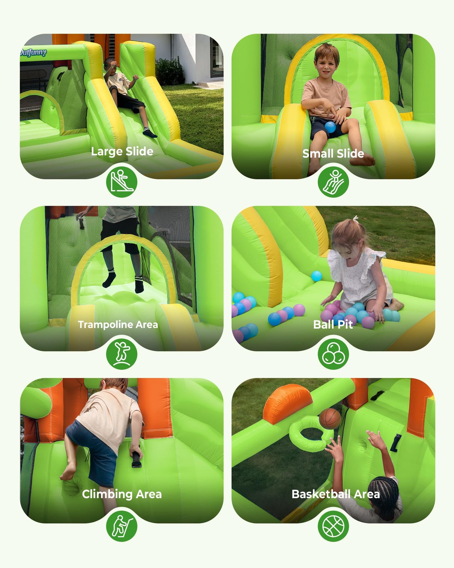 Outfunny Inflatable Bounce House, Kids Bouncy House for Boys 3-12 with Slide, Outdoor & Indoor, 450W Blower - Green