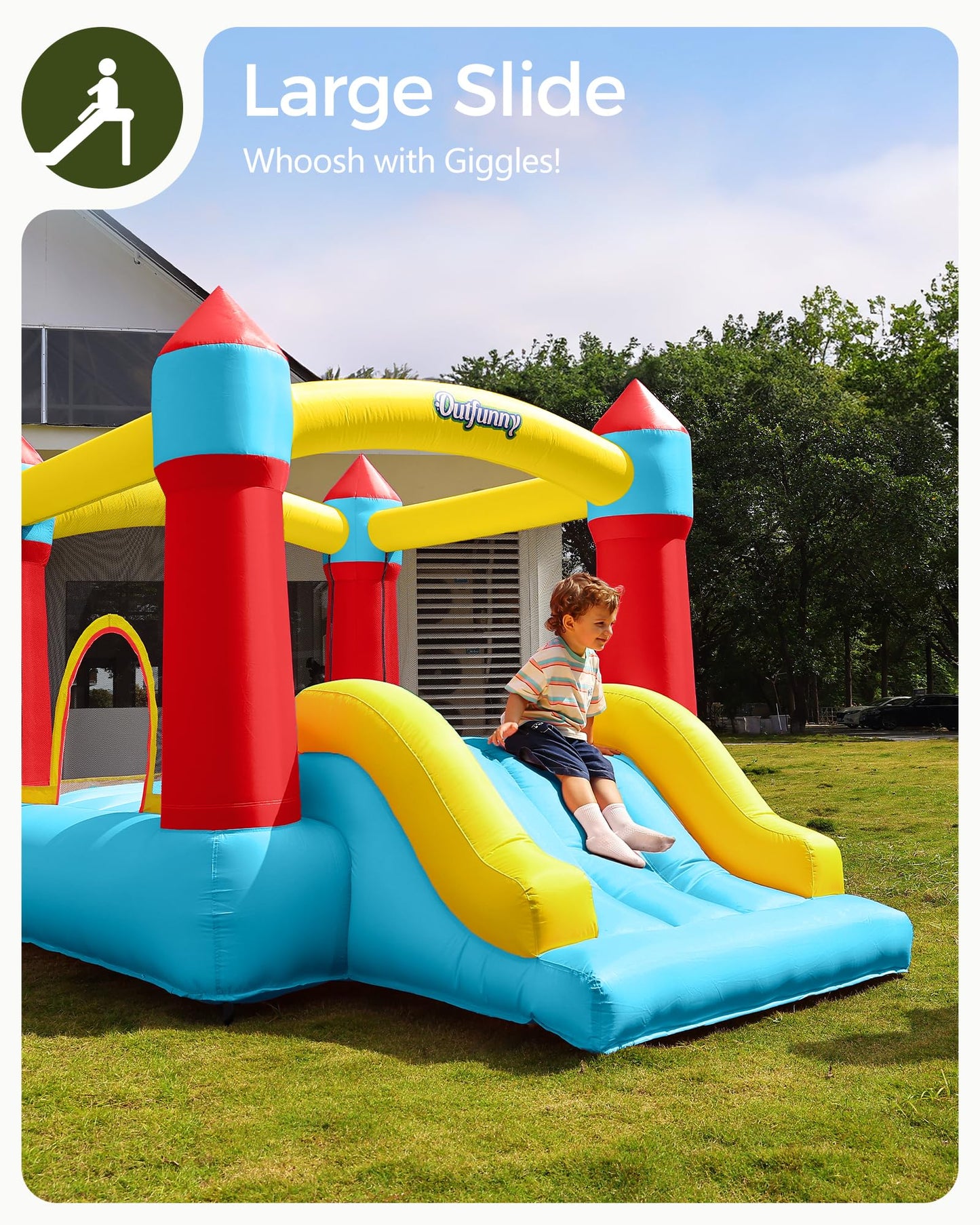 Outfunny Indoor Bounce House with Slide, Inflatable Bouncy House for Kids 3-8, Bounce Area 6'x6', Capacity 300 lb - Blue