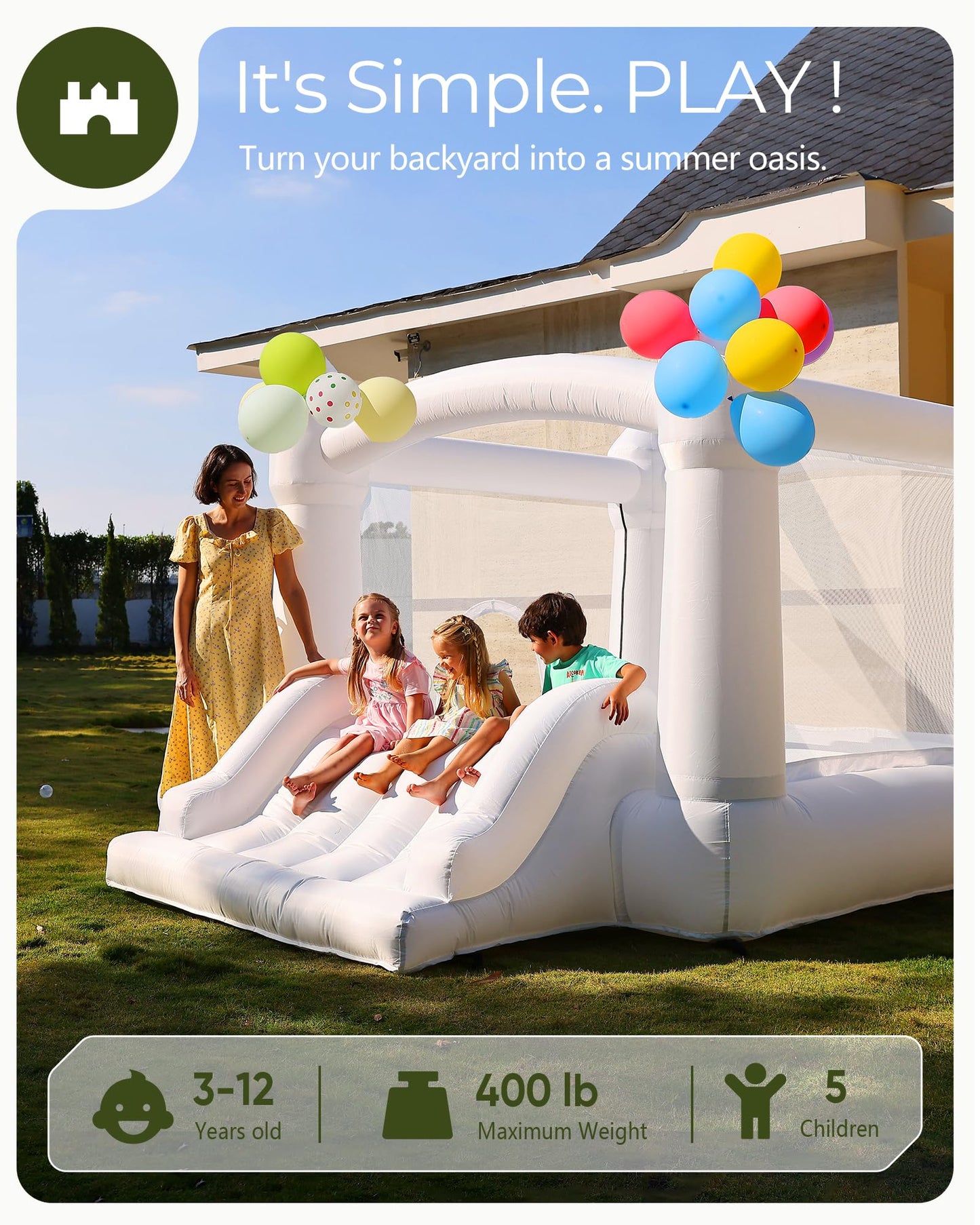 Outfunny White Bounce House with Slide, Inflatable Bouncy House for Kids 3-12 w/Ball Pit, Outdoor & Indoor, Bounce Area 8'x8', Capacity 400 lb
