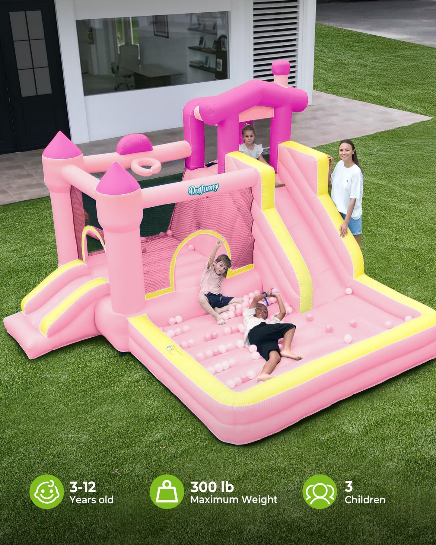 Outfunny Inflatable Bounce House, Pink Bouncy House for Kids Girls 3-12 with Slide, Outdoor & Indoor, 450W Blower - Pink