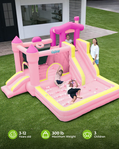 Outfunny Inflatable Bounce House, Pink Bouncy House for Kids Girls 3-12 with Slide, Outdoor & Indoor, 450W Blower - Pink