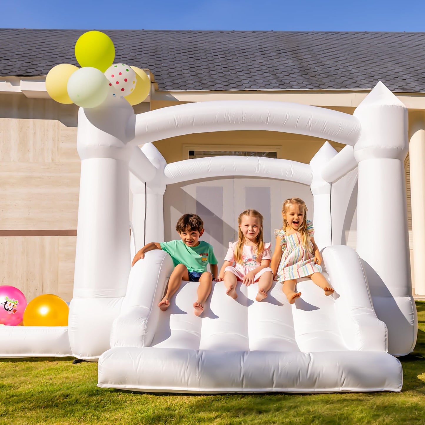 Outfunny White Bounce House with Slide, Inflatable Bouncy House for Kids 3-12 w/Ball Pit, Outdoor & Indoor, Bounce Area 8'x8', Capacity 400 lb