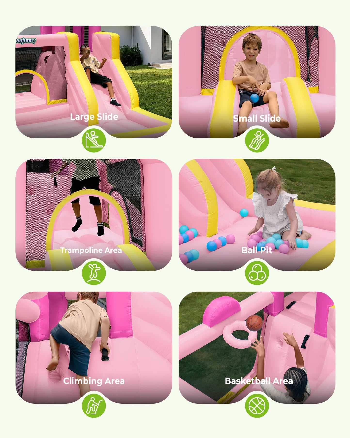 Outfunny Inflatable Bounce House, Pink Bouncy House for Kids Girls 3-12 with Slide, Outdoor & Indoor, 450W Blower - Pink