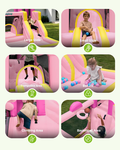 Outfunny Inflatable Bounce House, Pink Bouncy House for Kids Girls 3-12 with Slide, Outdoor & Indoor, 450W Blower - Pink
