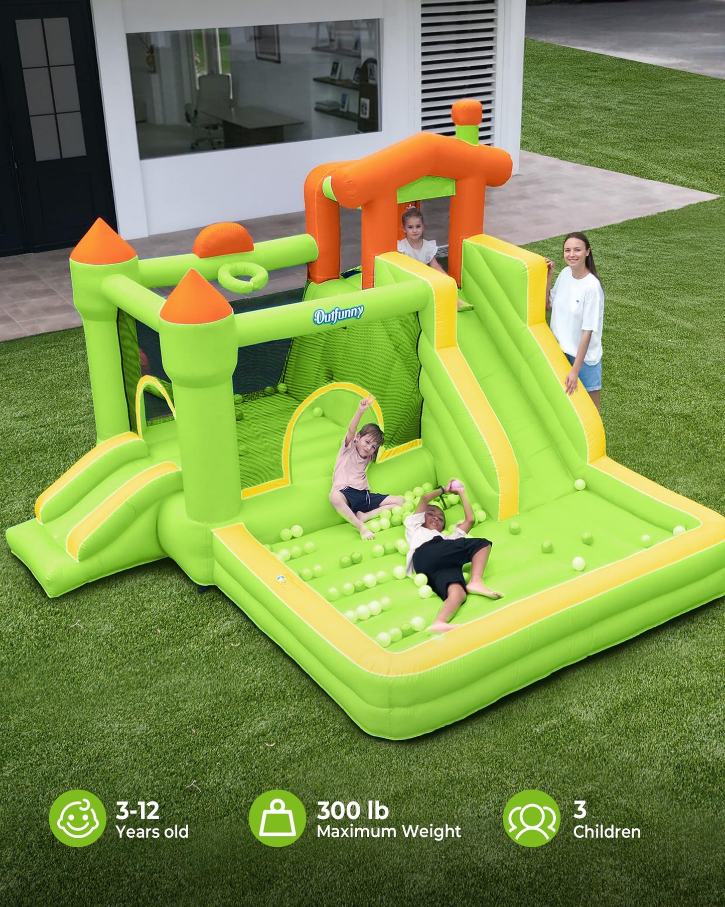 Outfunny Inflatable Bounce House, Kids Bouncy House for Boys 3-12 with Slide, Outdoor & Indoor, 450W Blower - Green