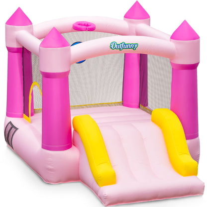 Outfunny Indoor Bounce House with Slide, Inflatable Bouncy House for Kids 3-8, Bounce Area 6'x6', Capacity 300 lb - Pink