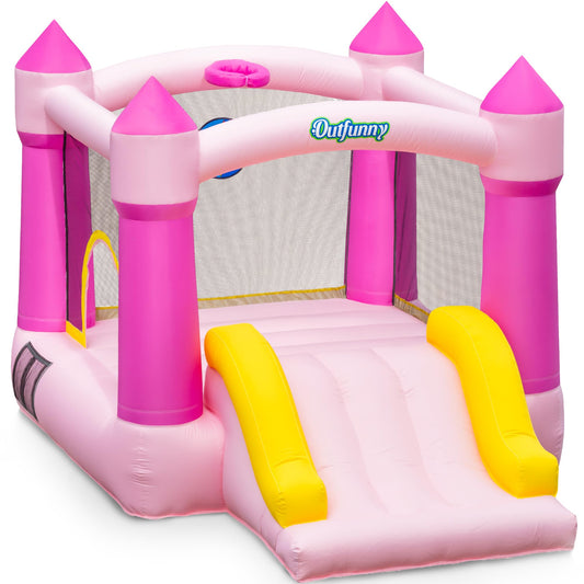 Outfunny Indoor Bounce House with Slide, Inflatable Bouncy House for Kids 3-8, Bounce Area 6'x6', Capacity 300 lb - Pink