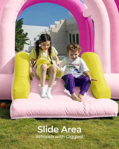 Outfunny Bounce House with Slide, Inflatable Bouncy House for Kids 3-12 w/Ball Pit, Outdoor & Indoor, Bounce Area 8'x8', Capacity 400 lb - Pink