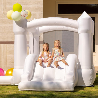Outfunny White Bounce House with Slide, Indoor Bouncy House for Kids 3-8 w/Ball Pit, Bounce Area 6.5'x6.5', Capacity 300 lb