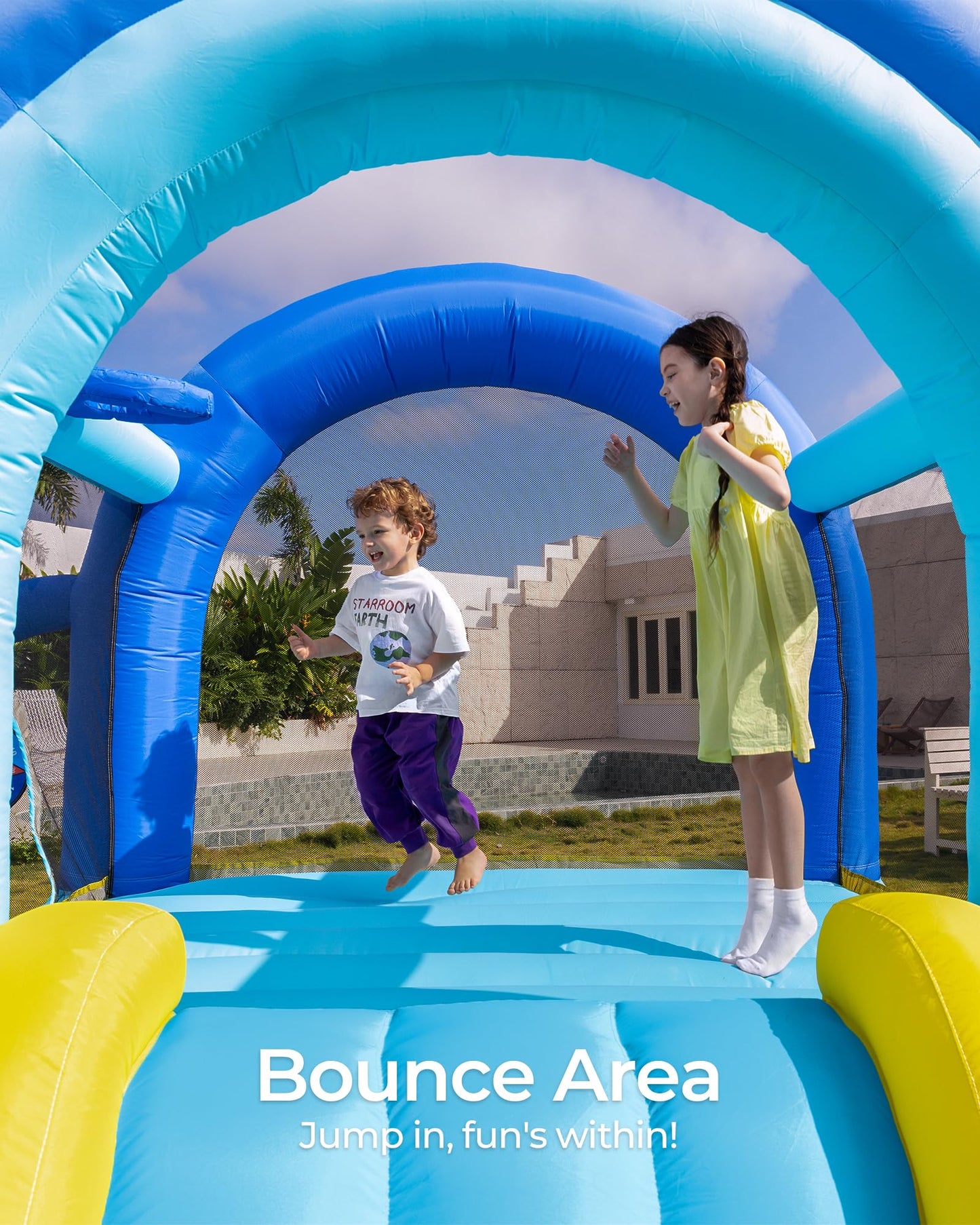 Outfunny Bounce House with Slide, Inflatable Bouncy House for Kids 3-12 w/Ball Pit, Outdoor & Indoor, Bounce Area 8'x8', Capacity 400 lb - Blue