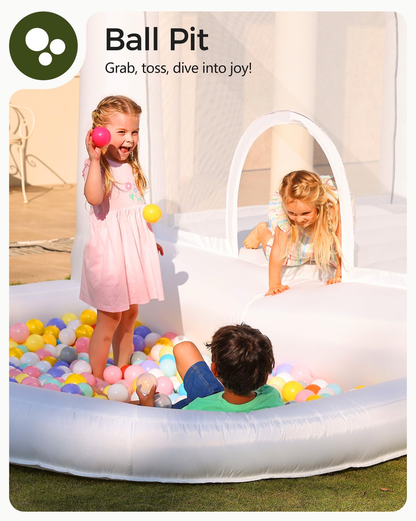 Outfunny White Bounce House with Slide, Inflatable Bouncy House for Kids 3-12 w/Ball Pit, Outdoor & Indoor, Bounce Area 8'x8', Capacity 400 lb