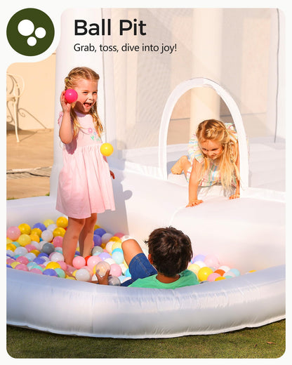 Outfunny White Bounce House with Slide, Inflatable Bouncy House for Kids 3-12 w/Ball Pit, Outdoor & Indoor, Bounce Area 8'x8', Capacity 400 lb