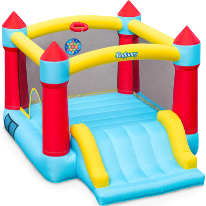 Outfunny Bounce House with Slide, Inflatable Bouncy House for Kids 3-12, Outdoor&Indoor, Bounce Area 8'x8', Capacity 400 lb - Blue