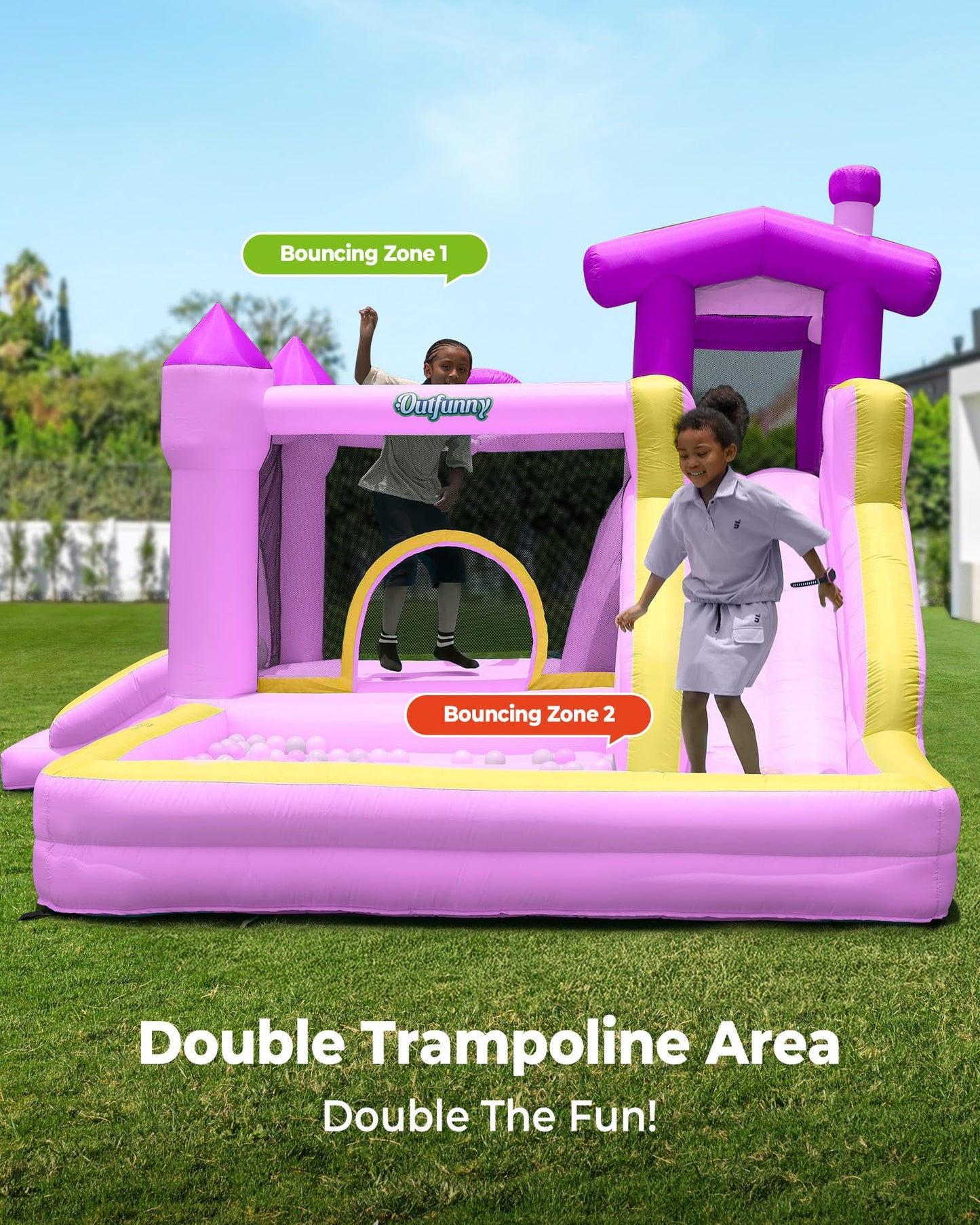 Outfunny Inflatable Bounce House, Kids Bouncy House for Girls 3-12 with Slide, Outdoor & Indoor, 450W Blower - Purple