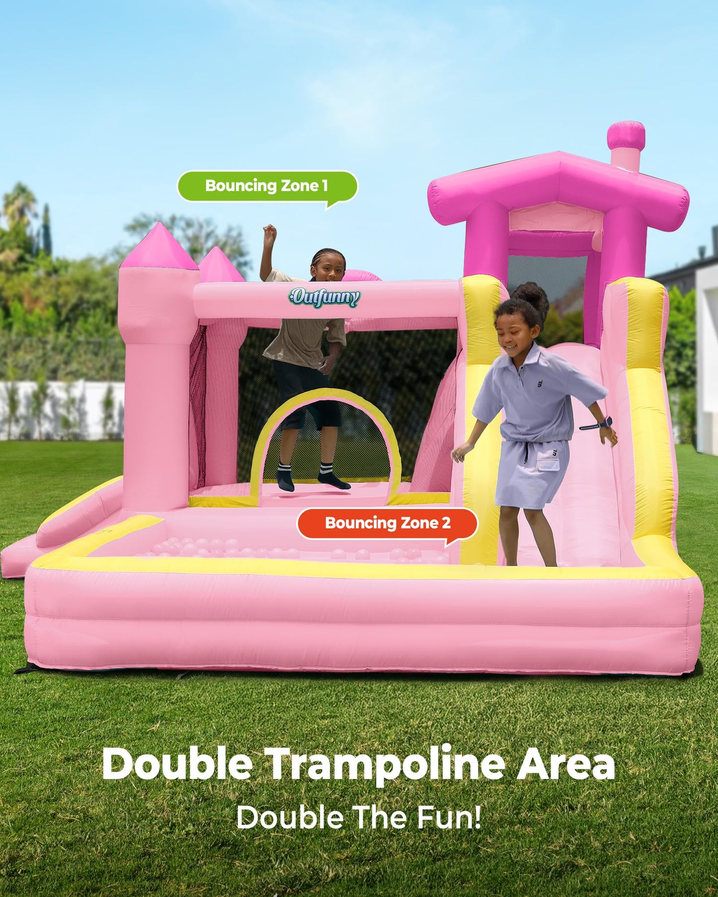 Outfunny Inflatable Bounce House, Pink Bouncy House for Kids Girls 3-12 with Slide, Outdoor & Indoor, 450W Blower - Pink