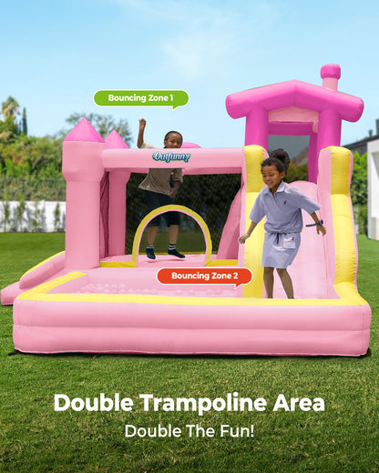 Outfunny Inflatable Bounce House, Pink Bouncy House for Kids Girls 3-12 with Slide, Outdoor & Indoor, 450W Blower - Pink