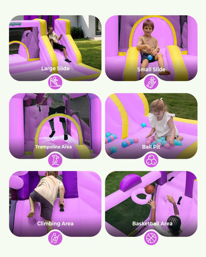 Outfunny Inflatable Bounce House, Kids Bouncy House for Girls 3-12 with Slide, Outdoor & Indoor, 450W Blower - Purple