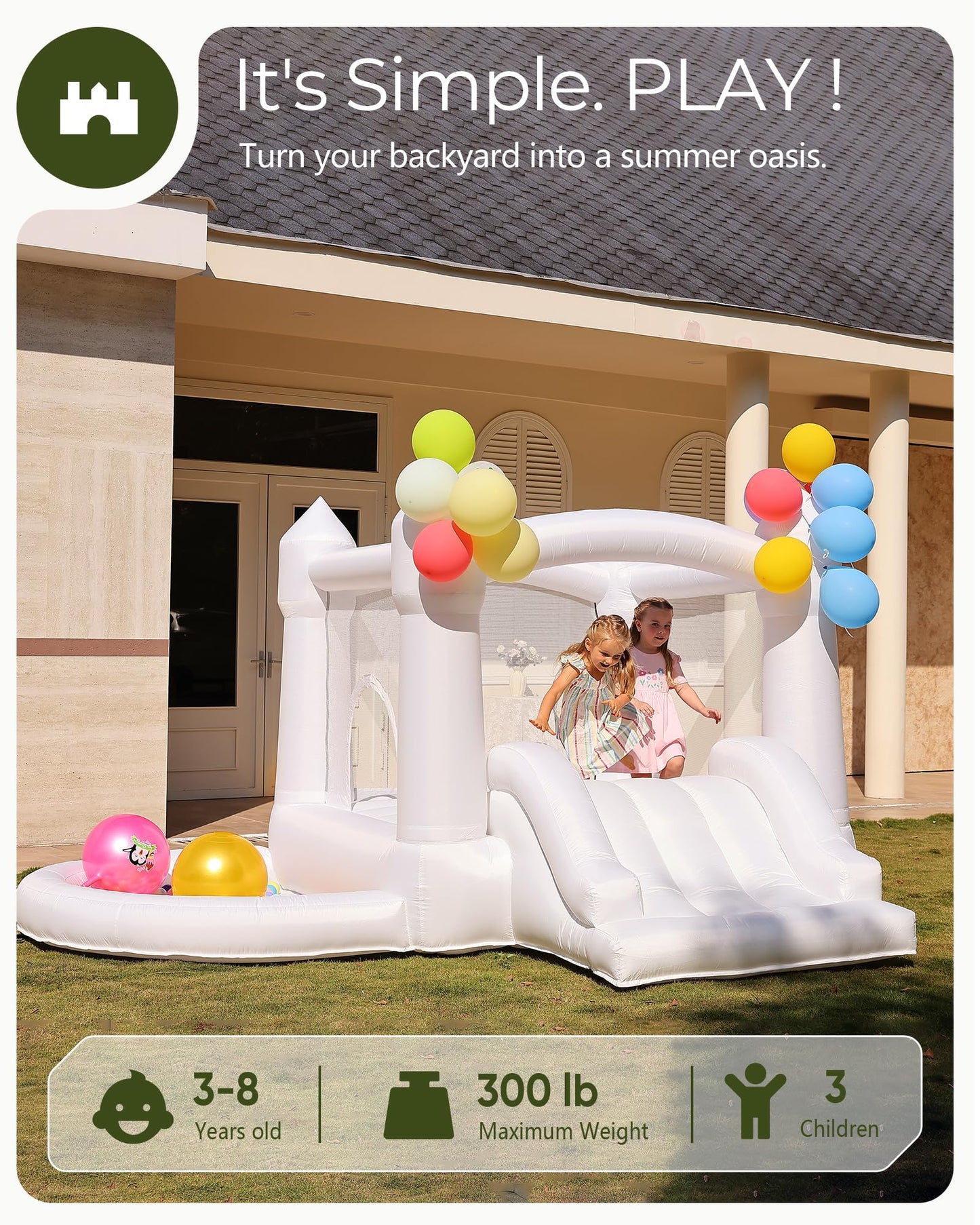 Outfunny White Bounce House with Slide, Indoor Bouncy House for Kids 3-8 w/Ball Pit, Bounce Area 6.5'x6.5', Capacity 300 lb
