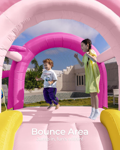 Outfunny Bounce House with Slide, Inflatable Bouncy House for Kids 3-12 w/Ball Pit, Outdoor & Indoor, Bounce Area 8'x8', Capacity 400 lb - Pink