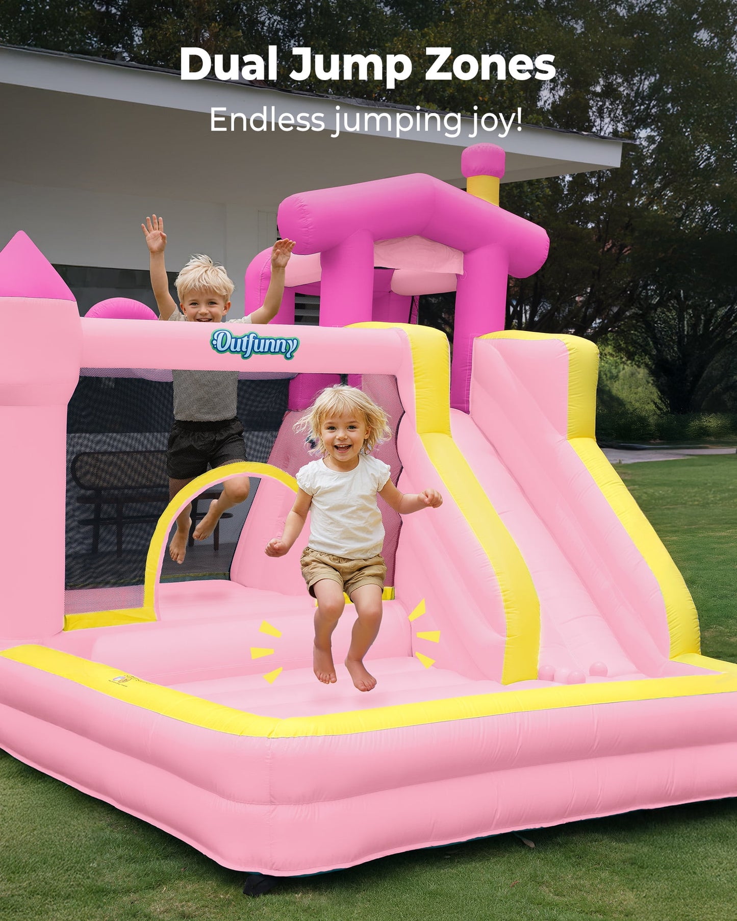 Outfunny Inflatable Bounce House, Indoor & Outdoor Bounce House for Big Kids with 450W Blower, Slide - Pink