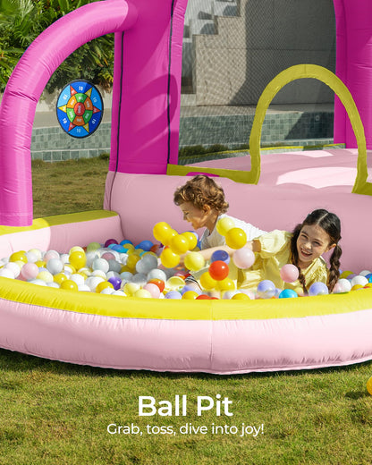 Outfunny Bounce House with Slide, Inflatable Bouncy House for Kids 3-12 w/Ball Pit, Outdoor & Indoor, Bounce Area 8'x8', Capacity 400 lb - Pink