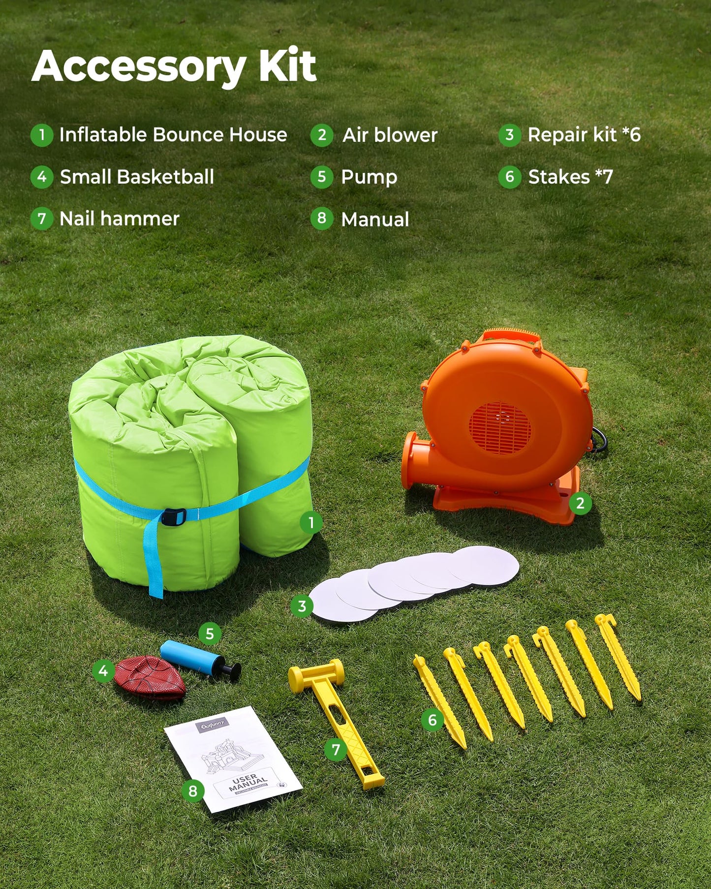 Outfunny Inflatable Bounce House, Kids Bouncy House for Boys 3-12 with Slide, Outdoor & Indoor, 450W Blower - Green