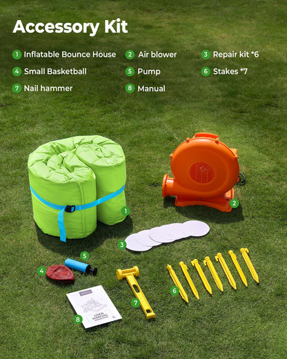 Outfunny Inflatable Bounce House, Kids Bouncy House for Boys 3-12 with Slide, Outdoor & Indoor, 450W Blower - Green