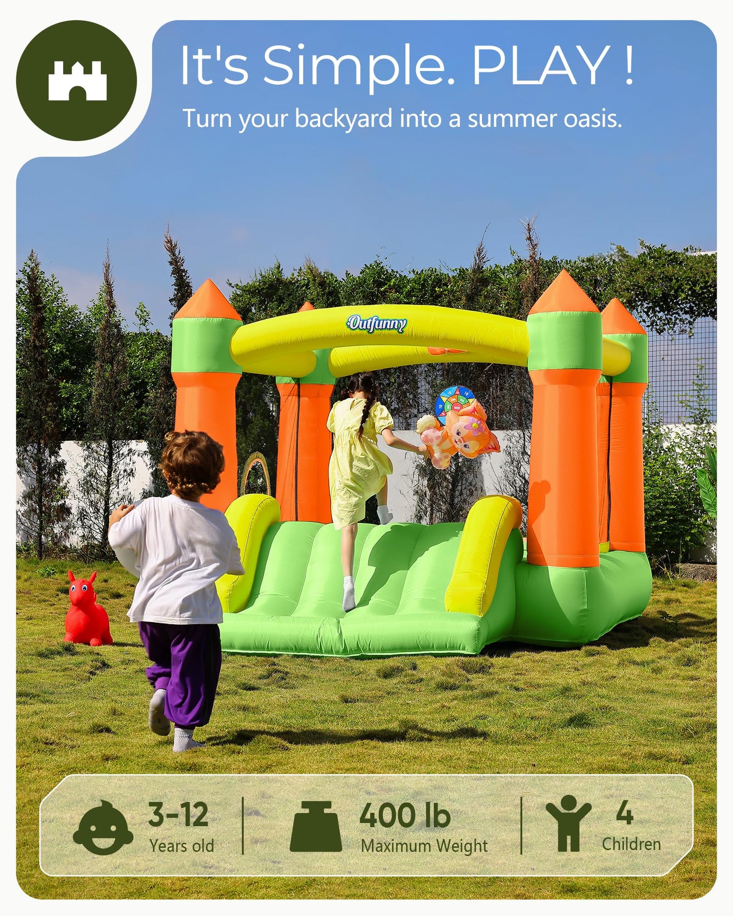 Outfunny Bounce House with Slide, Inflatable Bouncy House for Kids 3-12, Outdoor&Indoor, Bounce Area 8'x8', Capacity 400 lb - Green