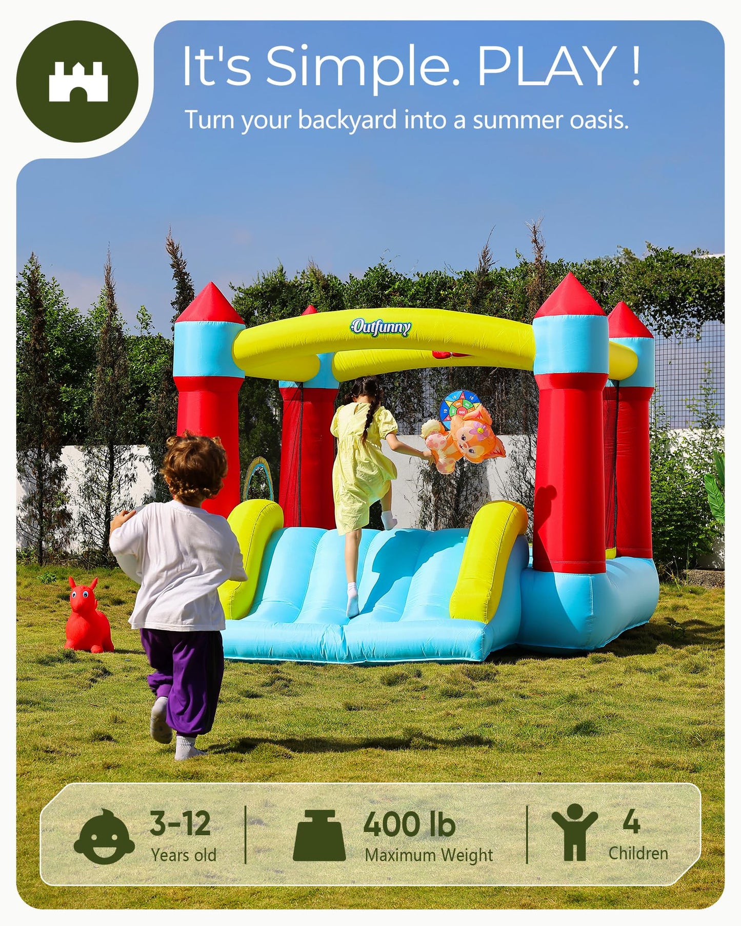 Outfunny Bounce House with Slide, Inflatable Bouncy House for Kids 3-12, Outdoor&Indoor, Bounce Area 8'x8', Capacity 400 lb - Blue