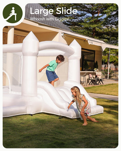 Outfunny White Bounce House with Slide, Inflatable Bouncy House for Kids 3-12 w/Ball Pit, Outdoor & Indoor, Bounce Area 8'x8', Capacity 400 lb
