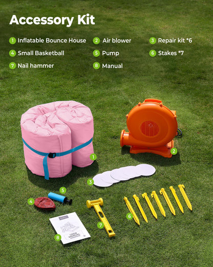 Outfunny Inflatable Bounce House, Pink Bouncy House for Kids Girls 3-12 with Slide, Outdoor & Indoor, 450W Blower - Pink