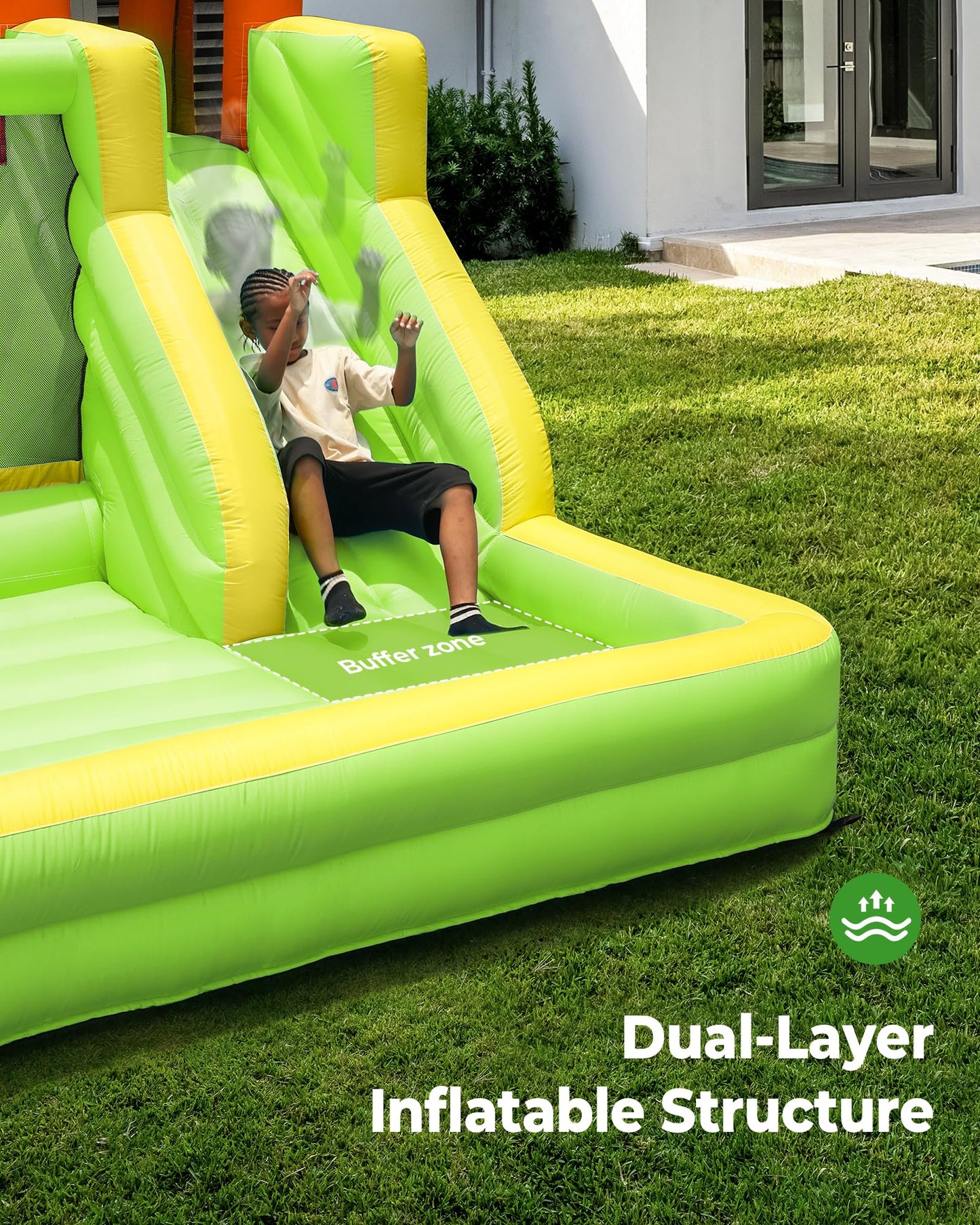 Outfunny Inflatable Bounce House, Kids Bouncy House for Boys 3-12 with Slide, Outdoor & Indoor, 450W Blower - Green