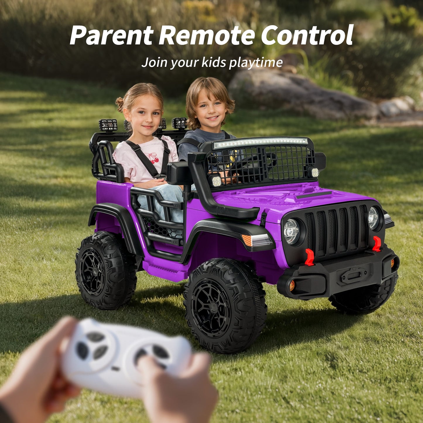 Outfunny 12V 7Ah Kids Ride on Truck, 2 Seater Electric Ride on Toys Car for Big Kids w/ Remote, Bluetooth - Purple