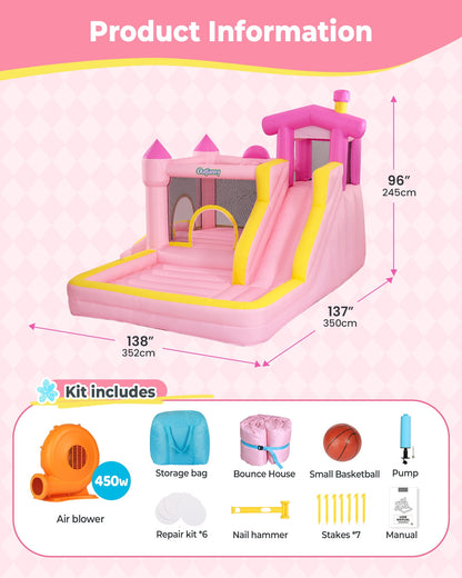 Outfunny Inflatable Bounce House, Indoor & Outdoor Bounce House for Big Kids with 450W Blower, Slide - Pink